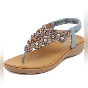 WOMEN'S size 7 T-Strap Open Toe Elastic Ankle Strap Flat Sandals